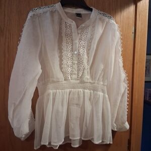 lace long sleeve lightweight blouse, elastic waist, semi sheer,  super stylish,